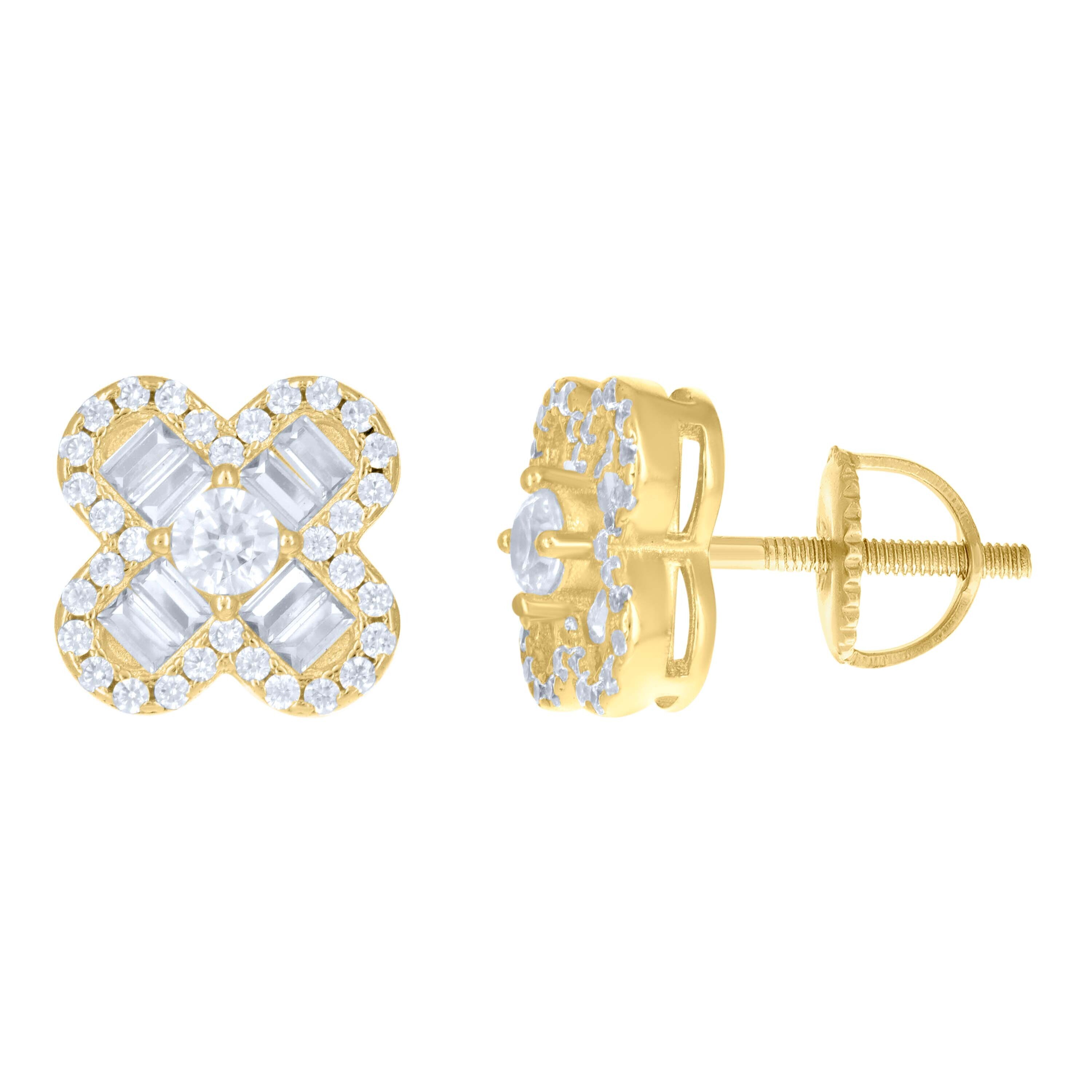 925 Sterling Silver Yellowtone Women Baguette Round Cubiczirconia Stud Earrings